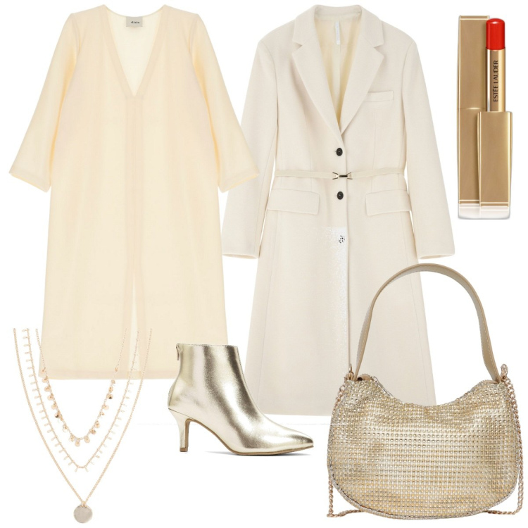 Outfit donna - Total look #2071190. Stile Glamour per Cerimonia. Abbinamento con collane, stivaletti, rossetti, borse a spalla, cappotti, vestiti.