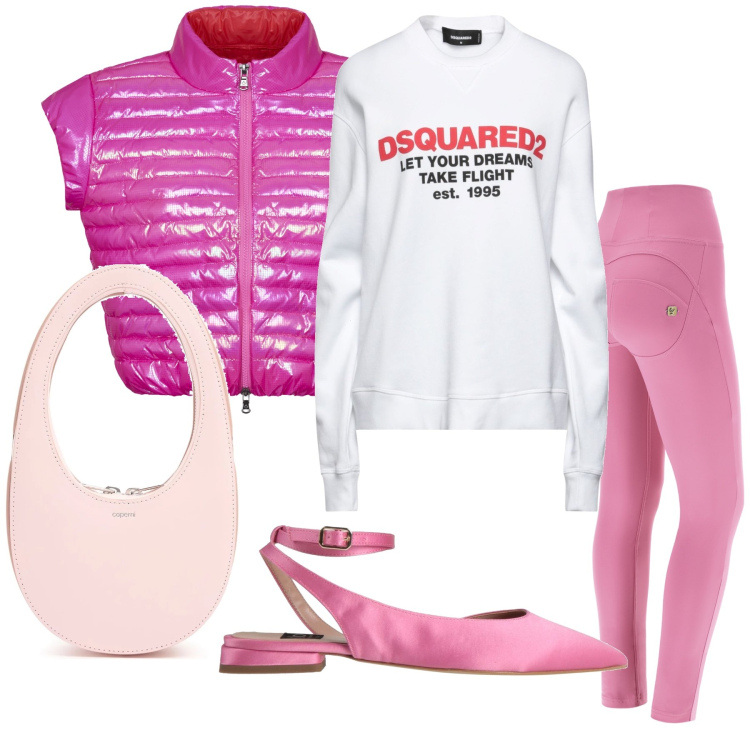Outfit donna - Pink sporty. Stile Sporty chic per Tutti i giorni. Abbinamento con felpe, ballerine, pantaloni skinny, blazer, borse a mano.