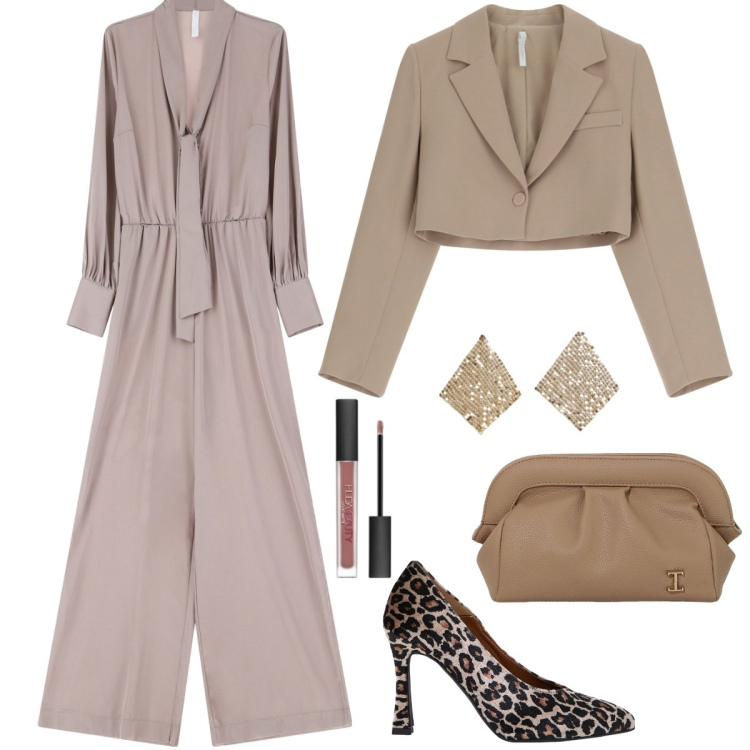Outfit donna - Tuta effetto satin. Stile Chic per Cerimonia. Abbinamento con rossetti, orecchini, borse a mano, tute, décolleté, blazer.