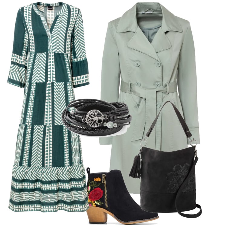 Outfit donna - Il trench verde. Stile Urban per Ufficio. Abbinamento con vestiti lunghi, trench, stivaletti, borse a mano, braccialetti.