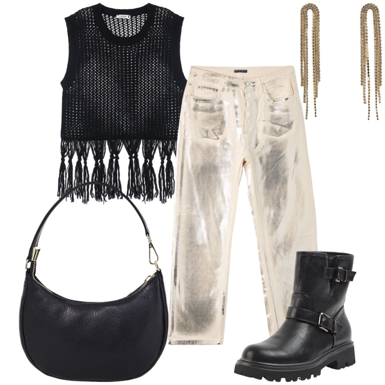 Outfit donna - Aperitivo con le frange. Stile Boho per Serata fuori. Abbinamento con orecchini, stivaletti, jeans, maglieria, borse a spalla.