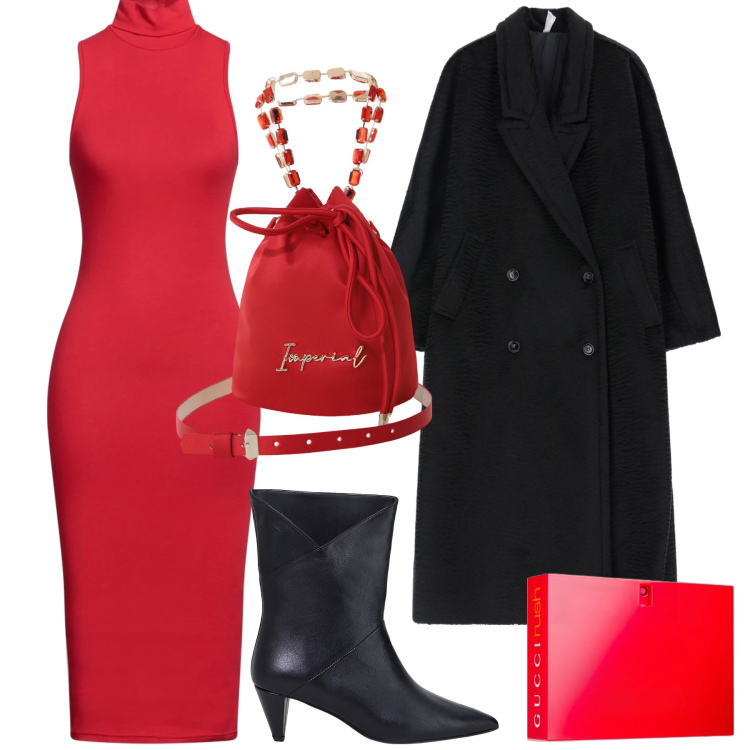 Outfit donna - All inaugurazione. Stile Chic per Serata fuori. Abbinamento con vestiti midi/longuette, profumi, cappotti, borse a secchiello, stivaletti.
