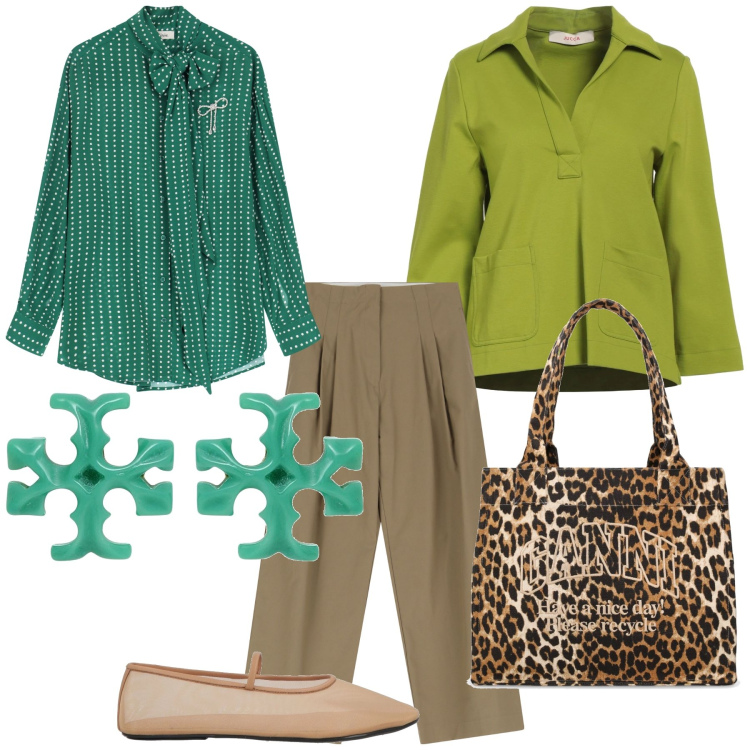 Outfit donna - La borsa maculata sempre. Stile Urban per Ufficio. Abbinamento con top, orecchini, ballerine, pantaloni, camicie, shopping bag.