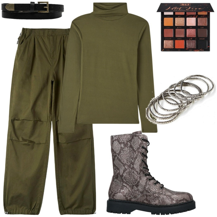 Outfit donna - Il pitonato. Stile Casual chic per Tutti i giorni. Abbinamento con braccialetti, anfibi, ombretti, pantaloni cargo, maglieria, cinture.