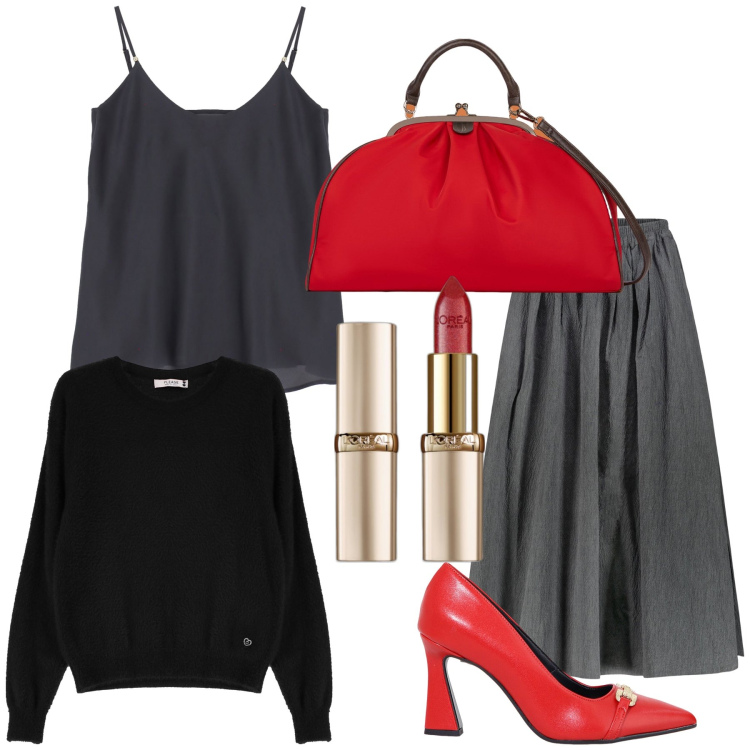 Outfit donna - Total look. Stile Bon Ton per Ufficio. Abbinamento con rossetti, maglieria, top, décolleté, gonne, borse a spalla.