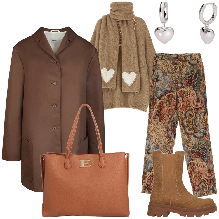 Outfit donna - Cuore quotidiano. Stile Urban per Tutti i giorni. Abbinamento con borse a mano, stivaletti chelsea, orecchini, maglieria, pantaloni, trench.