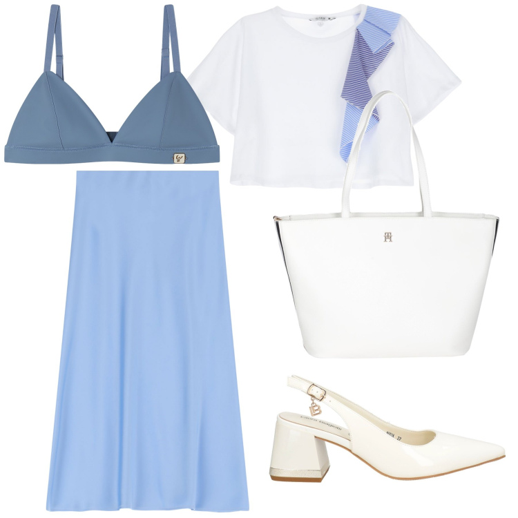 Outfit donna - My idea of spring. Stile Bon Ton per Tutti i giorni. Abbinamento con décolleté, borse a mano, t-shirt, gonne longuette, reggiseni.