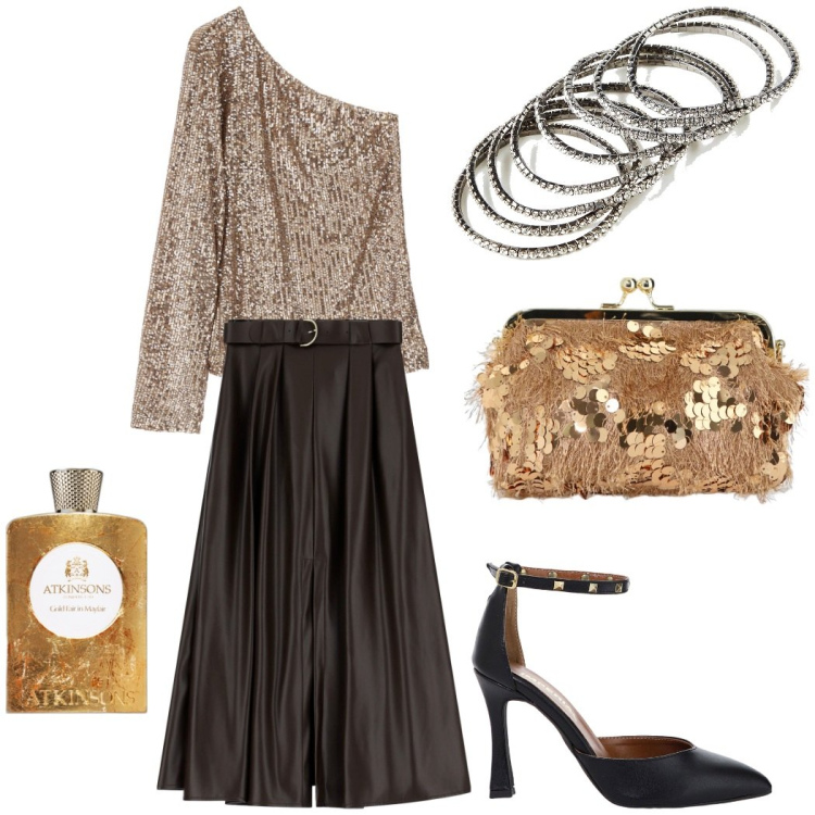 Outfit donna - Festa scintillante. Stile Glamour per Serata fuori. Abbinamento con braccialetti, profumi, gonne lunghe, décolleté, borse a spalla, top.