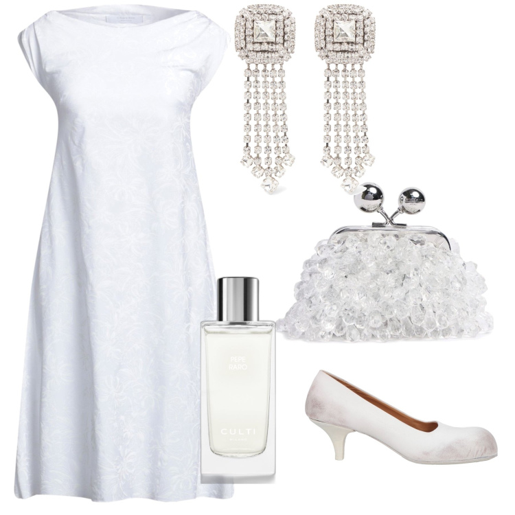 Outfit donna - Prima sposa di primavera. Stile Bon Ton per Cerimonia. Abbinamento con vestiti corti, décolleté, profumi, pochette, orecchini.