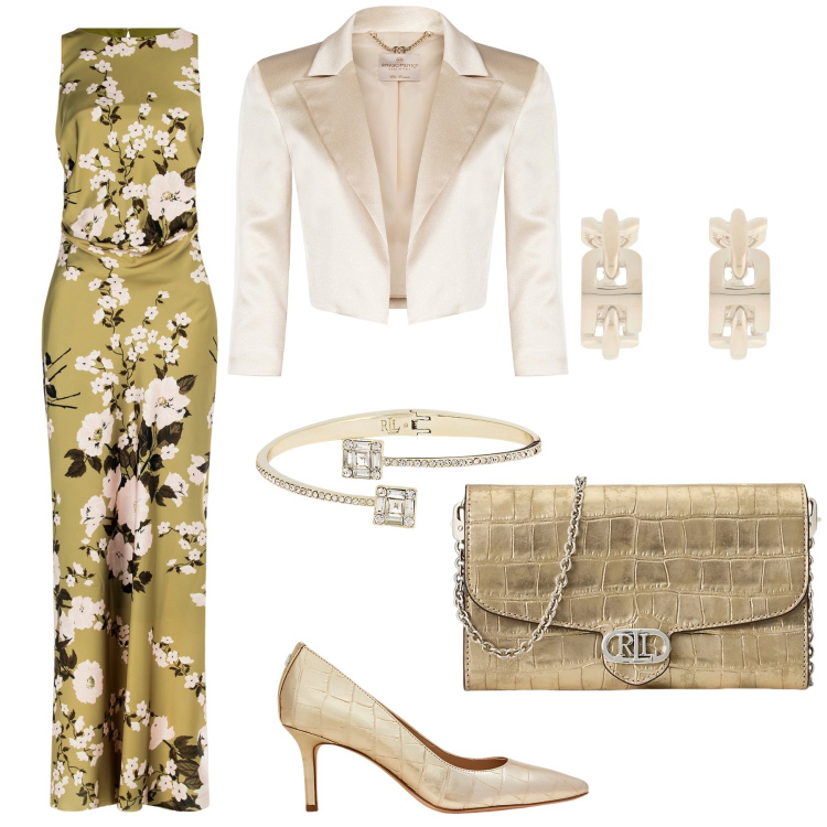 Outfit donna - Testimone di nozze. Stile Chic per Cerimonia. Abbinamento con orecchini, bolero, vestiti lunghi, braccialetti, borse a tracolla, décolleté.