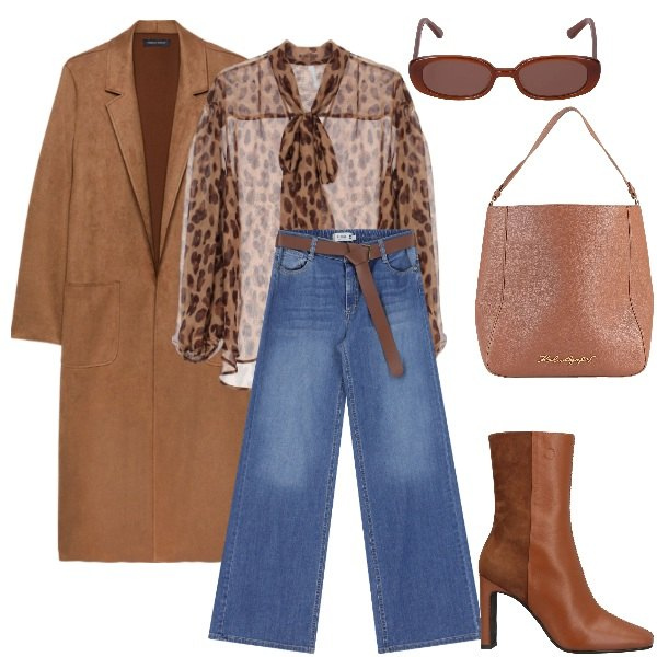Outfit donna - Animalier. Stile Casual chic per Tutti i giorni. Abbinamento con stivaletti, borse a mano, jeans, camicie, trench, occhiali da sole.
