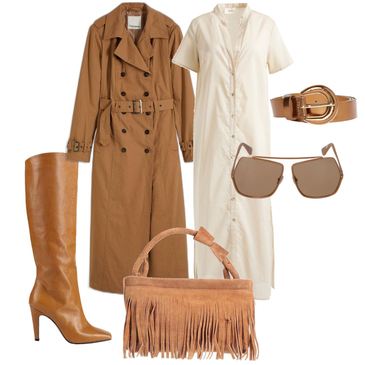 Outfit donna - Casual chic. Stile Casual chic per Tutti i giorni. Abbinamento con trench, stivali, borse a mano, vestiti chemisier, cinture, occhiali da sole.