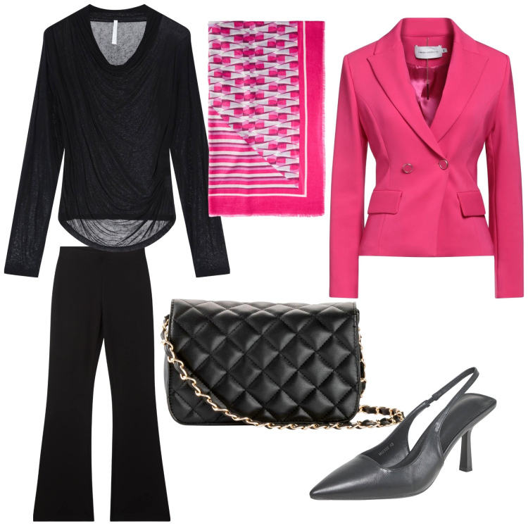 Outfit donna - A spasso per shopping. Stile Casual chic per Tutti i giorni. Abbinamento con borse a tracolla, blazer, décolleté, pantaloni, pullovers, sciarpe.