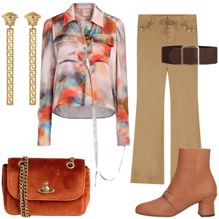Outfit donna - La camicia fantasia. Stile Etnico per Tutti i giorni. Abbinamento con camicie, borse a spalla, stivaletti, pantaloni, cinture, orecchini.