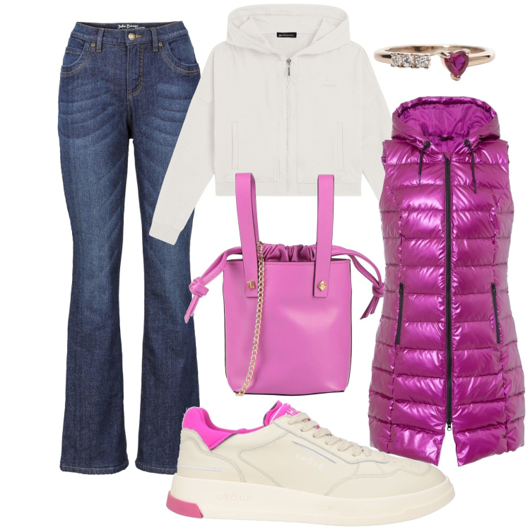 Outfit donna - Al centro la borsa. Stile Casual chic per Tutti i giorni. Abbinamento con jeans bootcut, gilet, borse a secchiello, sneakers, anelli, felpe con cappuccio.