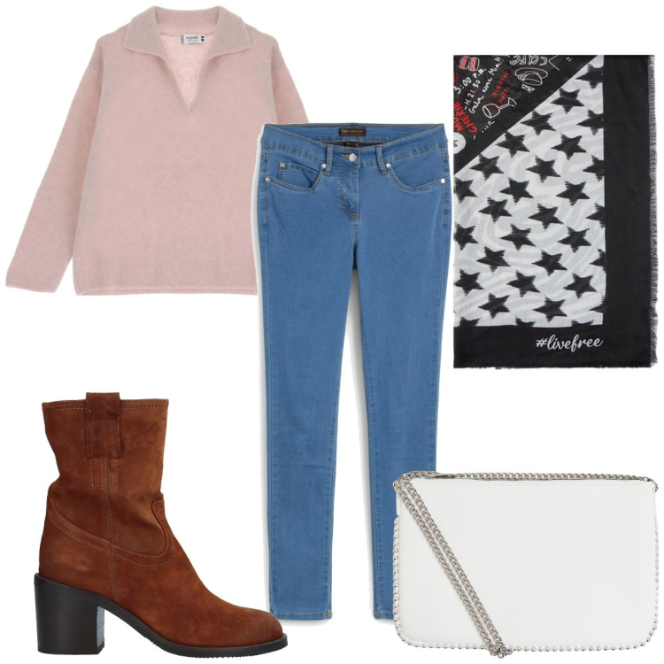Outfit donna - Total look #2071282. Stile Trendy per Tutti i giorni. Abbinamento con jeans dritti, stivaletti, borse a tracolla, pullovers, foulard.