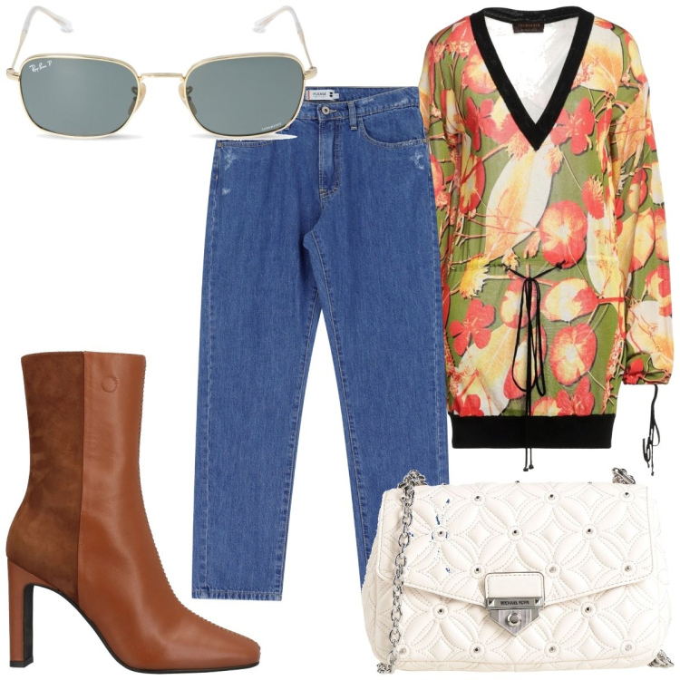 Outfit donna - Total look #2071286. Stile Trendy per Tutti i giorni. Abbinamento con pullovers, stivaletti, borse a tracolla, jeans dritti, occhiali da sole.
