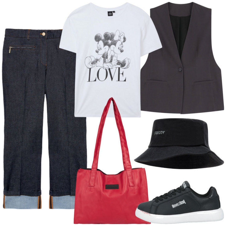 Outfit donna - Gilet e jeans. Stile Casual per Scuola/Università. Abbinamento con sneakers, t-shirt, gilet, shopping bag, cappelli, jeans dritti.