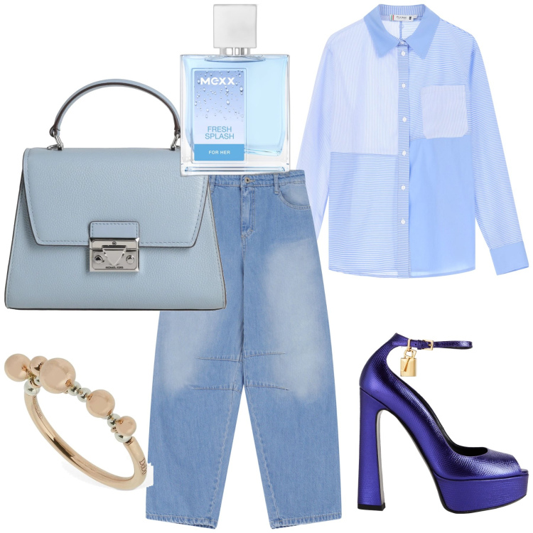 Outfit donna - Jeans e tacco vertiginoso. Stile Trendy per Serata fuori. Abbinamento con décolleté, borse a mano, profumi, jeans, camicie, anelli.