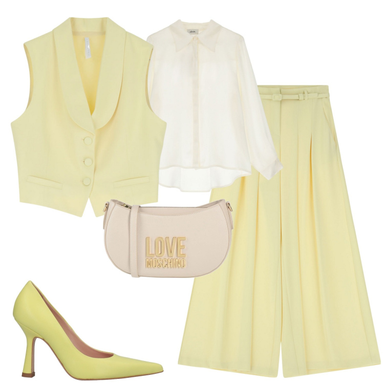 Outfit donna - Giallo chiaro. Stile Urban per Tutti i giorni. Abbinamento con borse a tracolla, décolleté, pantaloni, gilet, camicie.