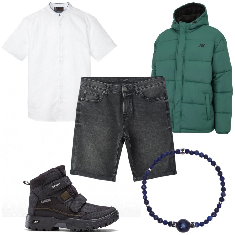 Outfit uomo - Total look #2071309. Stile Trendy per Tutti i giorni. Abbinamento con stivali e stivaletti, camicie a manica corta, bermuda, braccialetti, piumini.