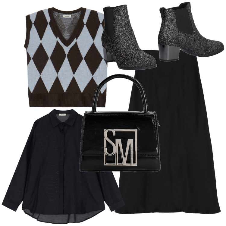Outfit donna - Gilet a scacchi. Stile Urban per Ufficio. Abbinamento con stivaletti chelsea, borse a mano, gonne longuette, gilet, camicie.