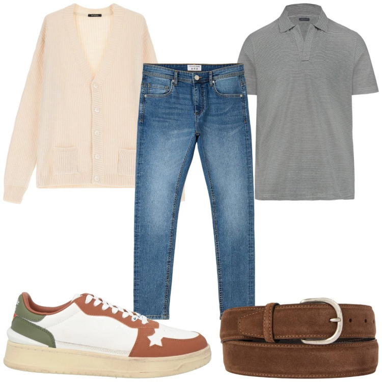 Outfit uomo - Total look #2071320. Stile Casual per Tutti i giorni. Abbinamento con sneakers, jeans skinny, cardigans, cinture, polo.