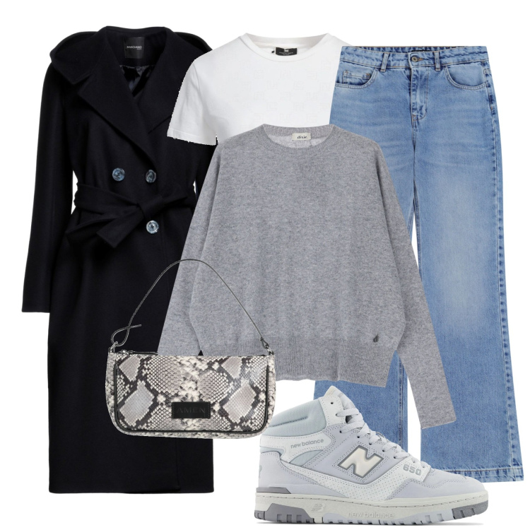 Outfit donna - Transizione. Stile Basic per Tutti i giorni. Abbinamento con borse a mano, trench, t-shirt, sneakers, jeans, pullovers.