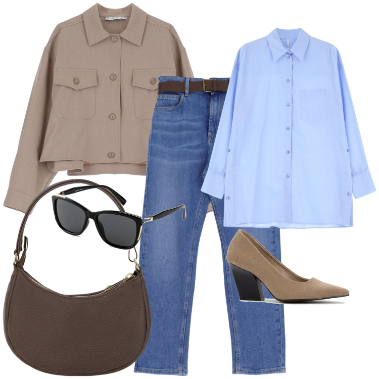 Outfit donna - Basico in città. Stile Casual per Tutti i giorni. Abbinamento con occhiali da sole, décolleté, blazer, jeans dritti, camicie, borse a spalla.