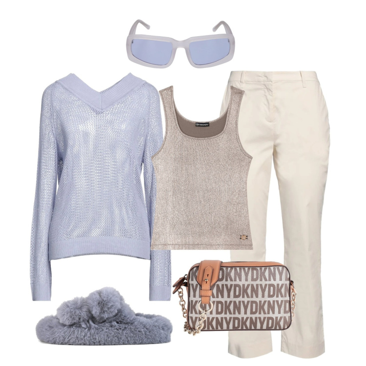 Outfit donna - Look minimal per la primavera!. Stile Urban per Tutti i giorni. Abbinamento con pullovers, pantaloni, borse a tracolla, canottiere, ciabatte, occhiali da sole.
