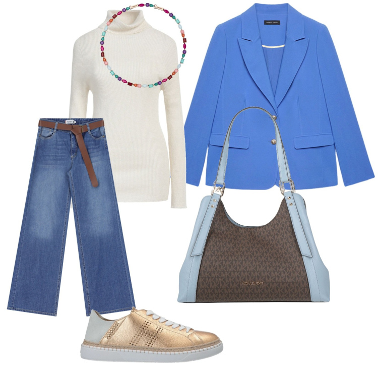 Outfit donna - Casual. per Scuola/Università. Abbinamento con sneakers, maglieria, borse a mano, collane, jeans, blazer.