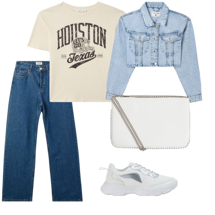Outfit donna - Fresco terranova. per Tutti i giorni. Abbinamento con t-shirt, blazer, sneakers, jeans, borse a tracolla.