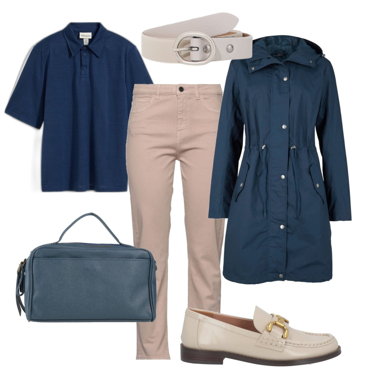 Outfit donna - Il parka must have. Stile Urban per Tutti i giorni. Abbinamento con mocassini, jeans dritti, borse a mano, parka, polo, cinture.