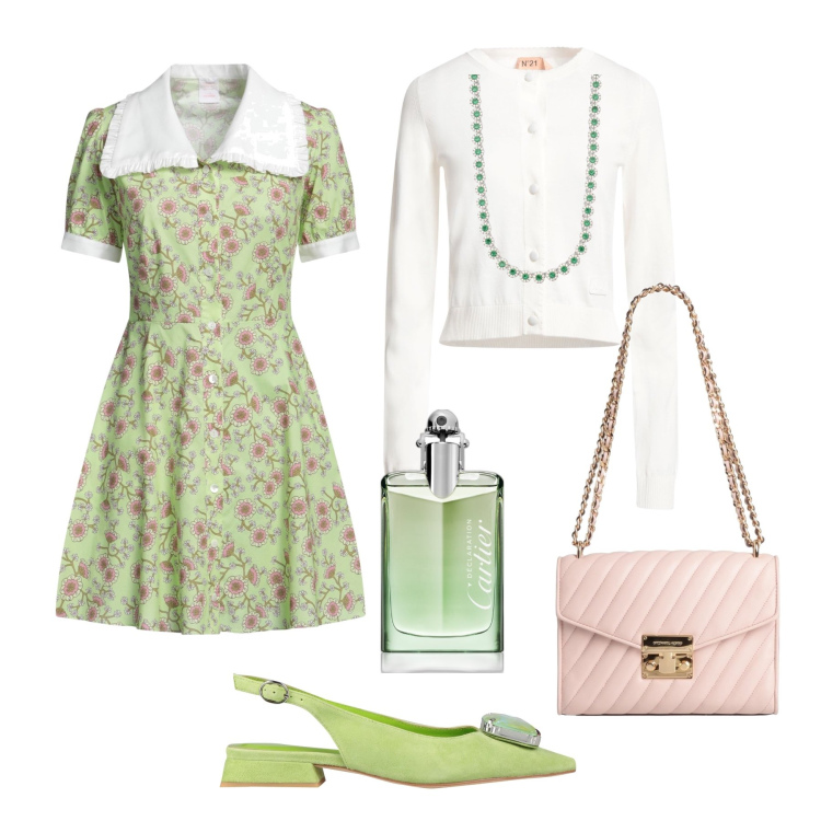 Outfit donna - Fiorellini in ufficio. Stile Bon Ton per Ufficio. Abbinamento con ballerine, vestiti corti, borse a spalla, cardigans, profumi, collane.