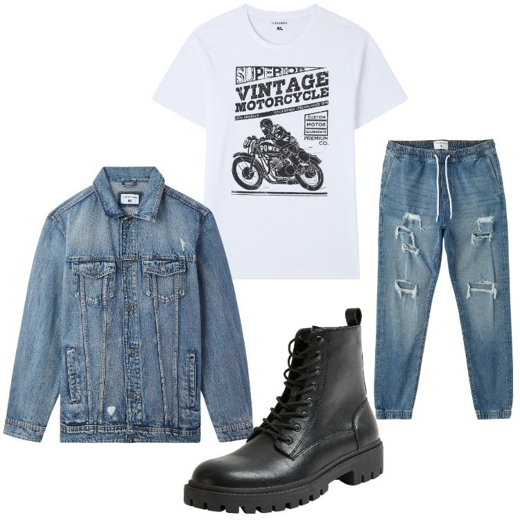 Outfit uomo - Un cuore ribelle. Stile Biker Rock per Tutti i giorni. Abbinamento con giacche, jeans strappati, t-shirt, anfibi.
