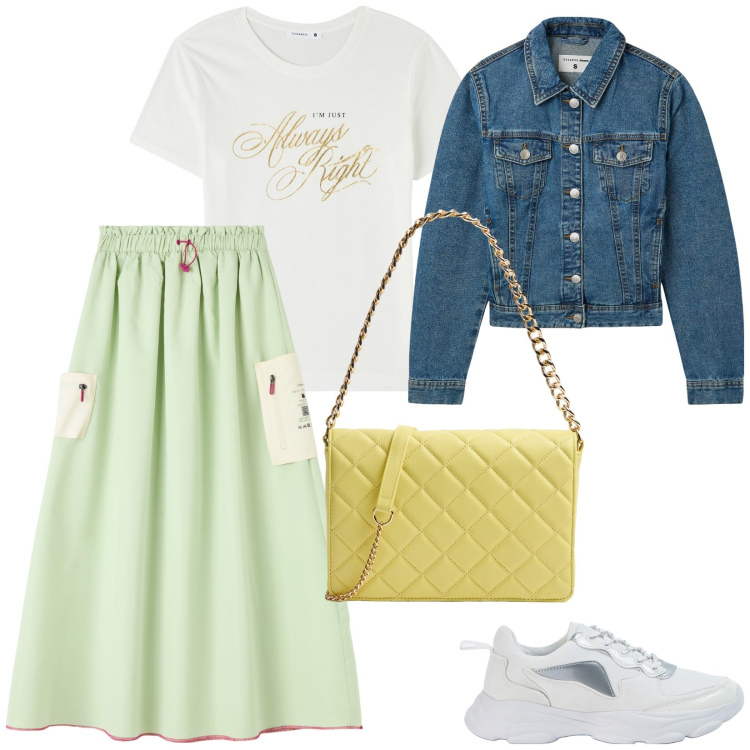 Outfit donna - Aria di primavera. per Tutti i giorni. Abbinamento con gonne lunghe, t-shirt, sneakers, blazer, borse a tracolla.