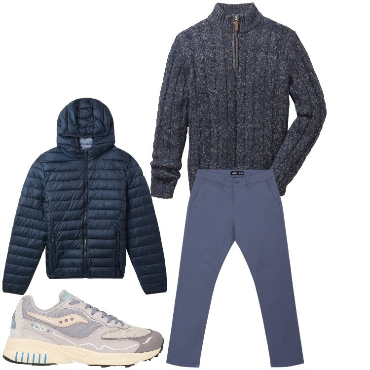Outfit uomo - Elegantemente casual. Stile Casual per Tutti i giorni. Abbinamento con maglieria, sneakers, pantaloni chino, piumini.