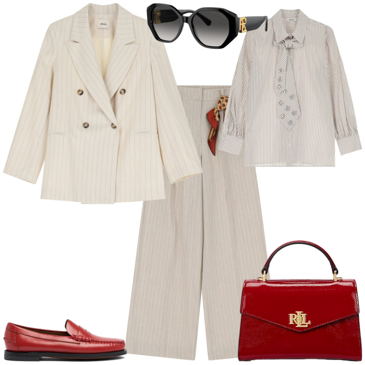 Outfit donna - Un tocco di rosso in primavera. Stile Bon Ton per Ufficio. Abbinamento con blazer, camicie, pantaloni a palazzo, occhiali da sole, borse a mano, mocassini.