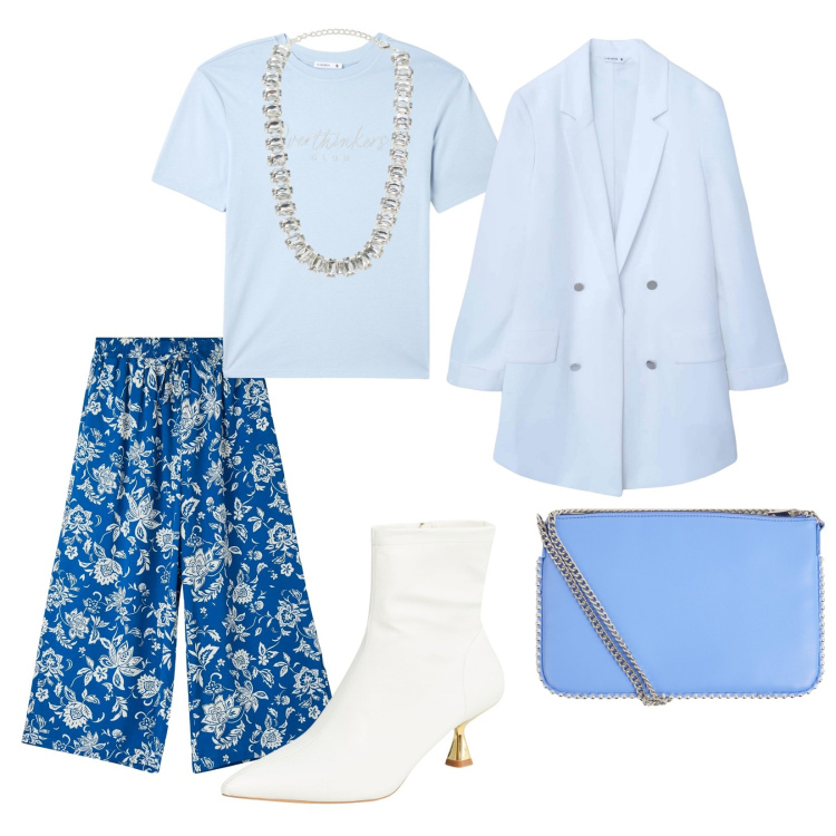 Outfit donna - Ufficio primavera. per Ufficio. Abbinamento con blazer, pantaloni a palazzo, stivaletti, borse a tracolla, t-shirt, collane.