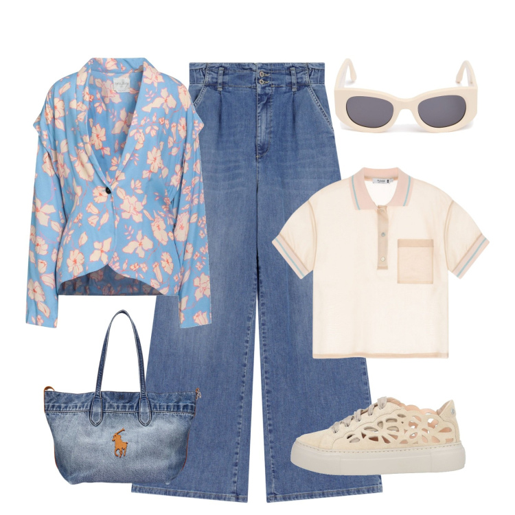 Outfit donna - Mix Denim e colori pastello!. Stile Trendy per Tutti i giorni. Abbinamento con blazer, sneakers, jeans, polo, borse tote, occhiali da sole.