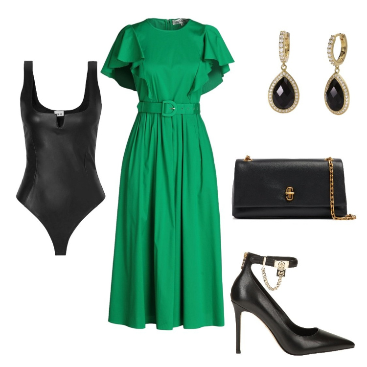 Outfit donna - Verde e nero. Stile Bon Ton per Cerimonia. Abbinamento con décolleté, body, vestiti midi/longuette, orecchini, pochette.