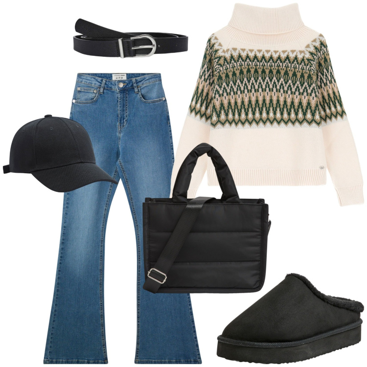 Outfit donna - Jeans moderni. Stile Basic per Tutti i giorni. Abbinamento con cappelli, cinture, sabot, jeans a zampa, shopping bag, maglieria.