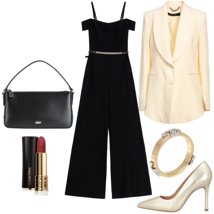 Outfit donna - Invitata a matrimonio. Stile Chic per Cerimonia. Abbinamento con décolleté, blazer, anelli, borse a mano, rossetti, tute.