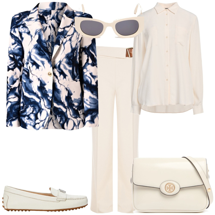 Outfit donna - Cerimonia evento ufficio. Stile Chic per Cerimonia. Abbinamento con camicie, mocassini, pantaloni, blazer, borse a spalla, occhiali da sole.