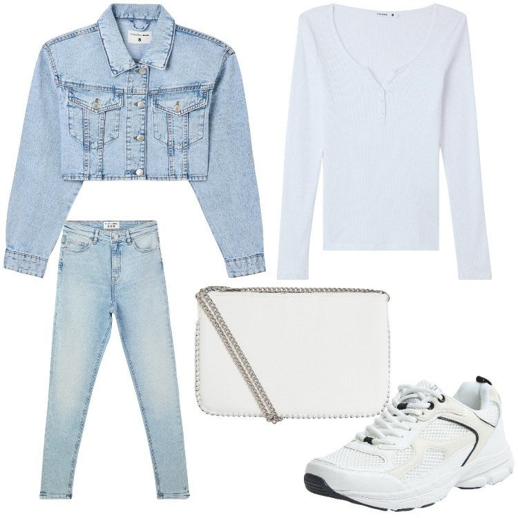 Outfit donna - Primavera ti aspetto. Stile Casual per Tutti i giorni. Abbinamento con jeans skinny, sneakers, t-shirt, borse a tracolla, blazer.