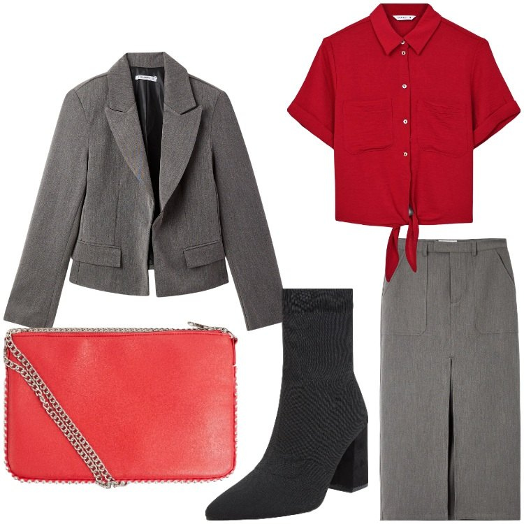 Outfit donna - Rosso e grigio. Stile Casual chic per Ufficio. Abbinamento con borse a tracolla, camicie a manica corta, gonne lunghe, stivaletti, blazer.