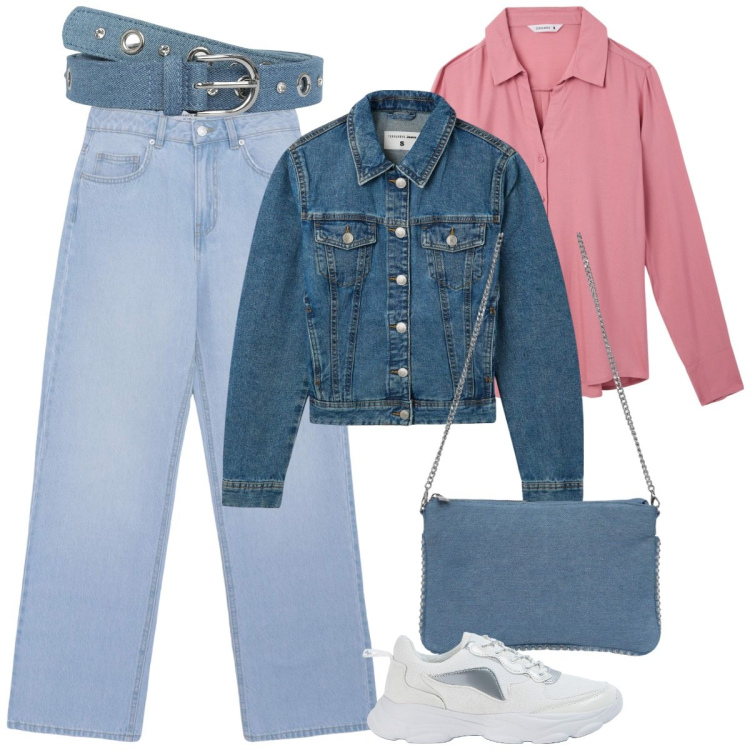 Outfit donna - Terranova PE25. Stile Basic per Tutti i giorni. Abbinamento con borse a tracolla, cinture, jeans, blazer, camicie, sneakers.