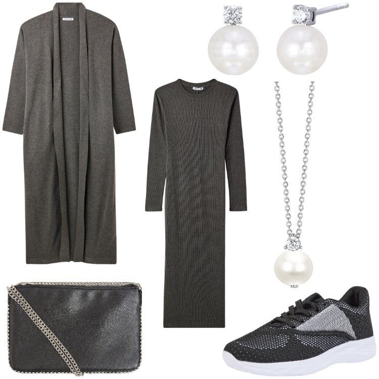Outfit donna - Grigio e perle. Stile Sporty chic per Tutti i giorni. Abbinamento con borse a tracolla, vestiti lunghi, cardigans, sneakers, orecchini, collane.