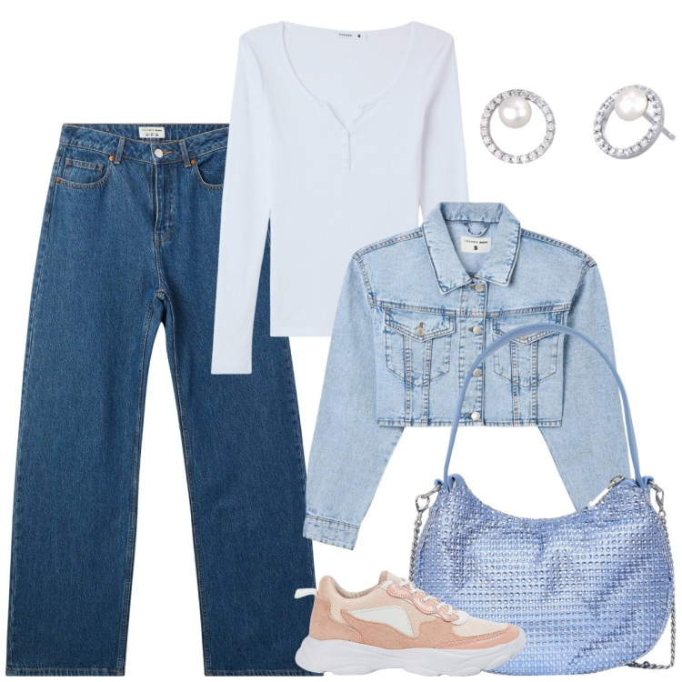 Outfit donna - Terranova PE25. Stile Basic per Tutti i giorni. Abbinamento con blazer, sneakers, t-shirt, jeans, borse a spalla, orecchini.