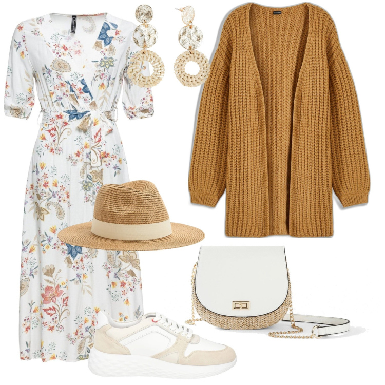 Outfit donna - Total look #2071404. Stile Boho per Cerimonia. Abbinamento con sneakers, orecchini, borse a tracolla, vestiti midi/longuette, cardigans, cappelli.